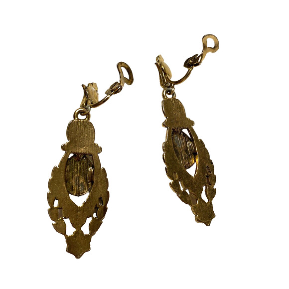 Vintage Dramatic Goldtone Faux Pearl Clip On Earrings Old Hollywood Dangle Drop - Picture 4 of 5